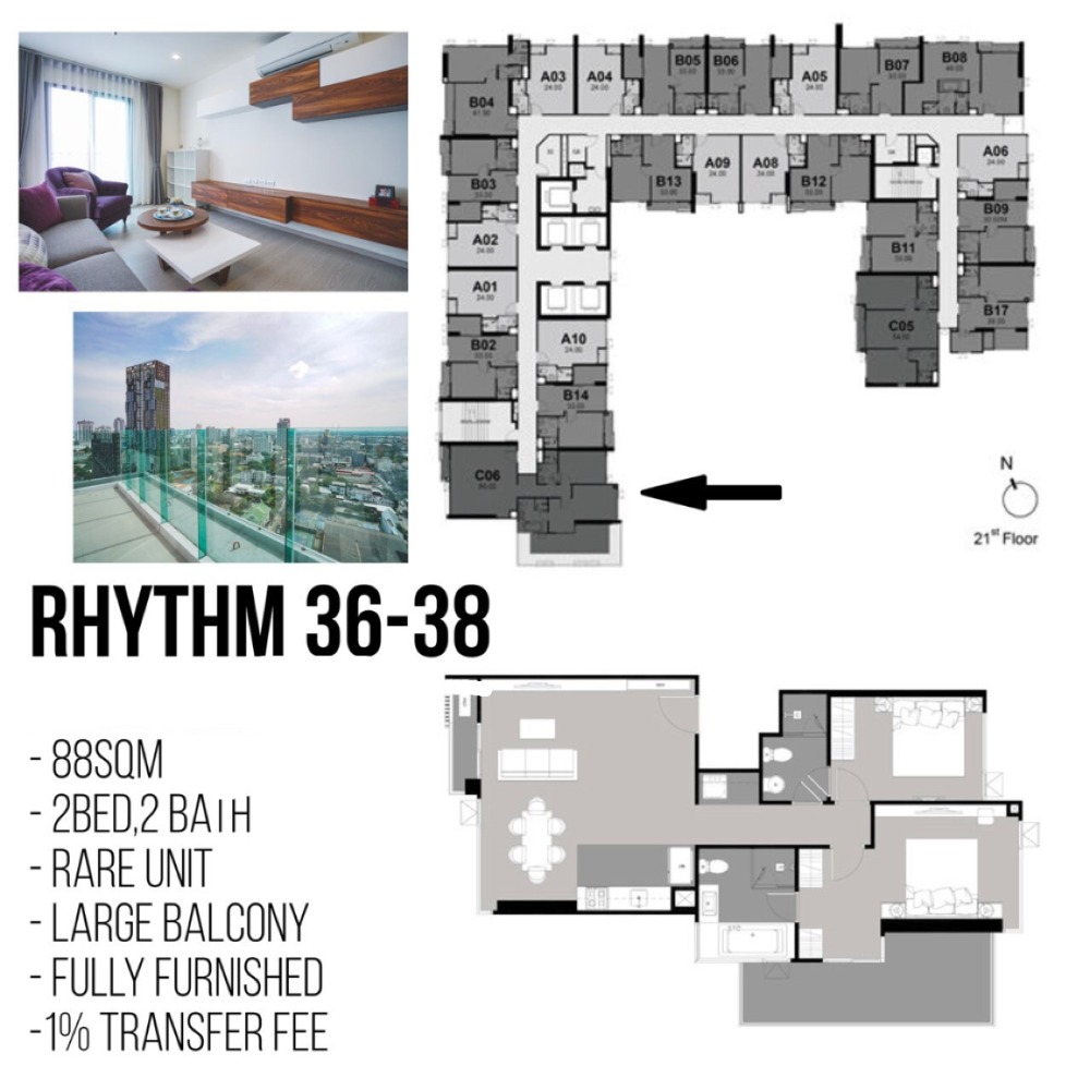 Rhythm Sukhumvit 36 - 38 / 2 Bedrooms (SALE WITH TENANT), ริทึ่ม สุขุมวิท 36 - 38 / 2 ห้องนอน (ขายพร้อมผู้เช่า) HL708